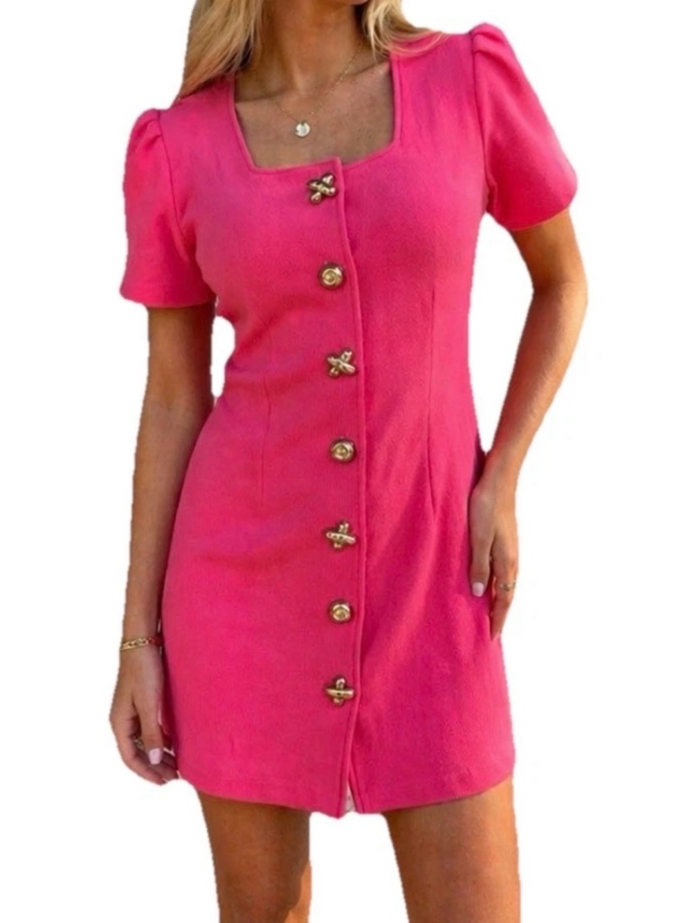 Vintage Hot Pink Mini Dress Gold Buttons 90s Barbie Sexy Bodycon Stretch Medium